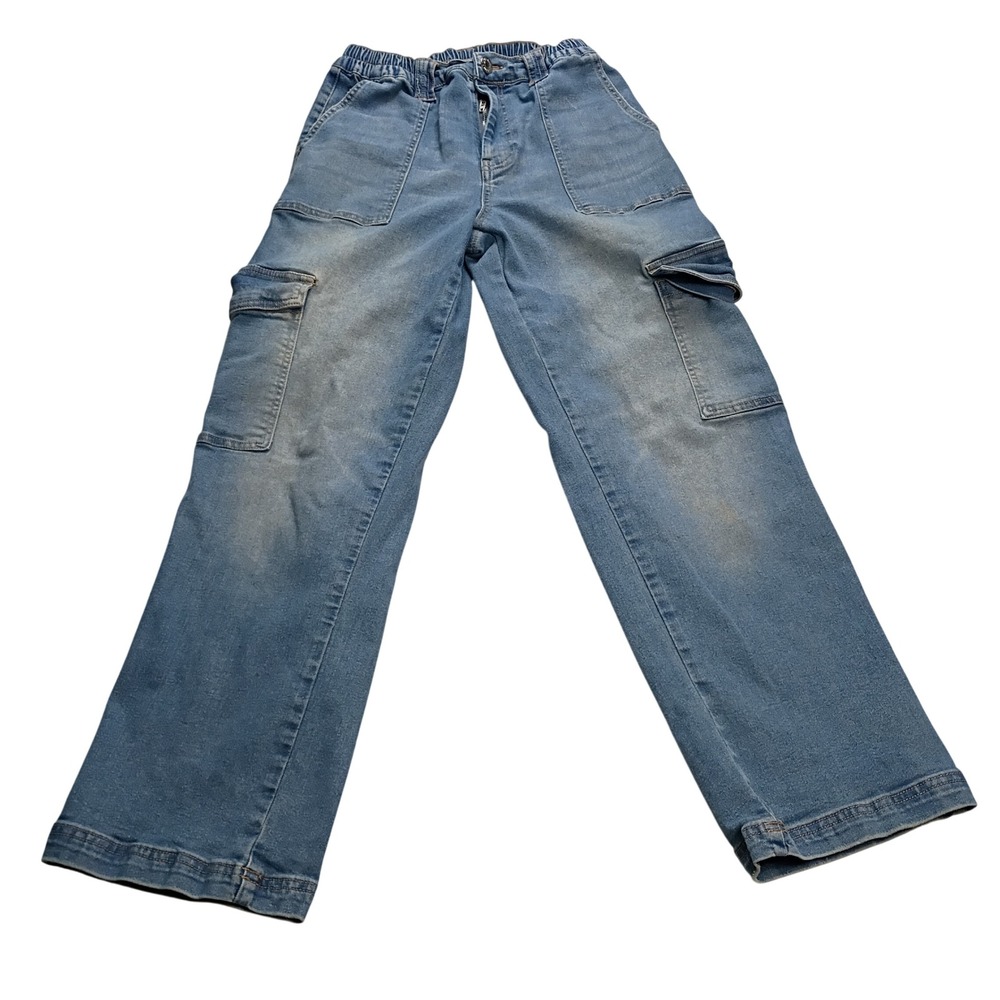 Almost Famous Cargo Jeans Womens Small Blue Good Stretch Straight Leg High Rise